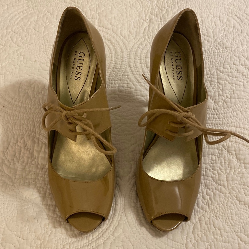 GUESS by Marciano patent lace tie heels